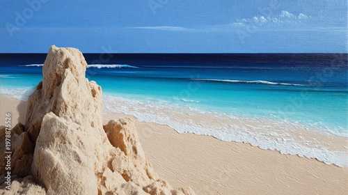 Bright Blue Ocean Seen From a Sandy Beach With a Rock Formation Under Clear Sky
