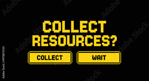Retro pixel art game interface with collect resources prompt in yellow