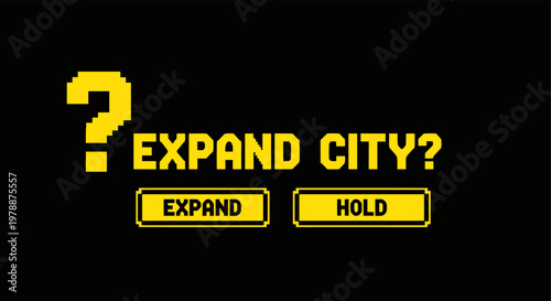 Retro pixel gaming interface with expansion decision buttons