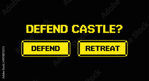 Retro pixel art game menu: defend castle or retreat decision screen