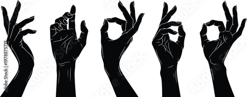 Five black silhouetted hands displaying various hand gestures and mudras