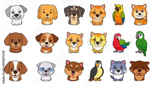Diverse cartoon animal character designs showing pets