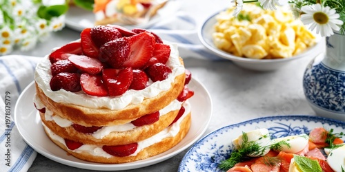 Delicious Cake With Strawberries and Cream Served With Salad and Macaroni on ...