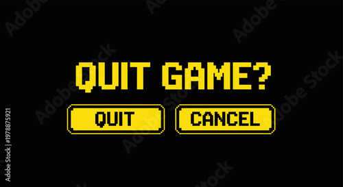 Retro pixel art game interface with quit and cancel buttons