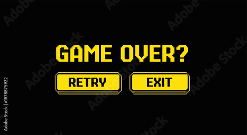 Retro pixel art game over screen with retry and exit buttons on black background