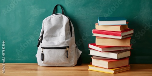 School Backpack Next to a Stack of Books on a Wooden Table Against a Green Wall