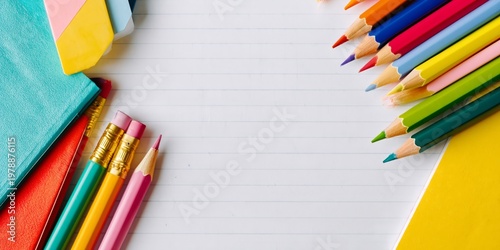 Colorful Stationery on a Blank Notebook Page for Creative Activities and Scho...