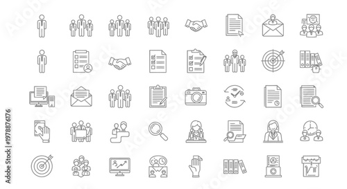 A collection of minimal line icons representing business teamwork communication and data analysis