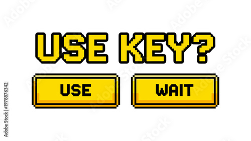 Retro pixelated game interface with use key and wait buttons