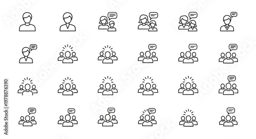 A collection of minimalist line icons depicting various group sizes and communication scenarios