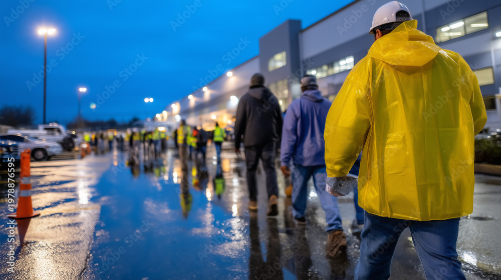 Obraz premium Workers exit factory at twilight carrying lunch boxes, rain-soaked parking lot reflecting blue hour sky and facility lights after shift completion in multicultural workforce, ideal