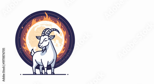 Stylized vector illustration of a white goat standing in front of a large moon with flames surrounding it, representing a zodiac sign or astrological symbol.