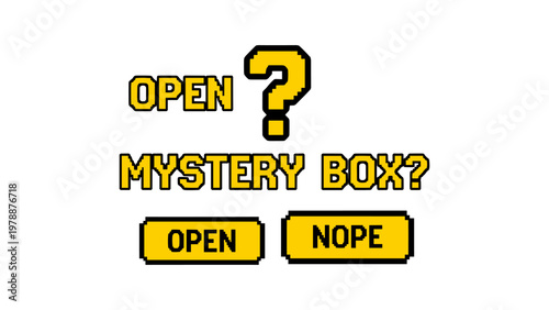 Retro pixel art style mystery box challenge with interactive buttons