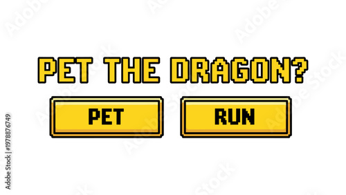 Retro pixel art game decision: pet the dragon or run away