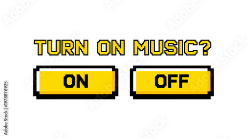 Retro pixel art notification with on off buttons for music control