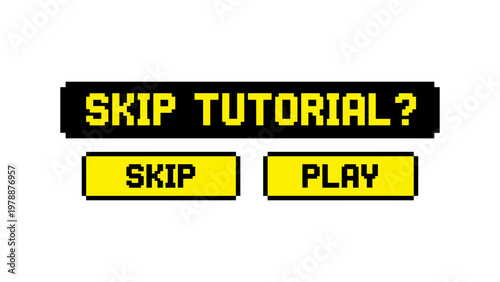 Pixel art game interface with skip option buttons