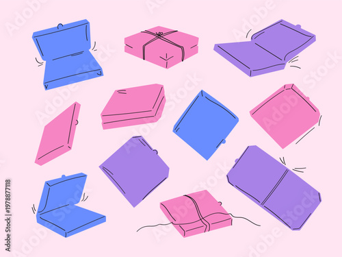 Pizza delivery boxes. Colorful vector icon set. Fast food takeaway packaging. Empty food package. Cute illustration with doodle elements for restaurant and pizzeria promo.