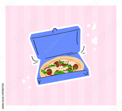 Salami pizza card. Sticker of Italian cuisine cooking, a national dish with pepperoni, mozarella, arugula. National Pizza Day. Vector illustration with doodle elements on striped pink background.