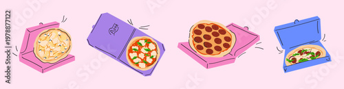 Italian fast food, slice of pizza in box, various toppings. Pizza with vegetables, basil, arugula, tomatoes, mushrooms, salami, chili, parmesan, olives, rosemary. Cute flat vector illustration.