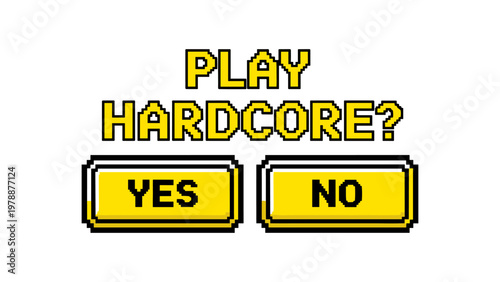 Retro pixel art game menu with hardcore mode choice buttons