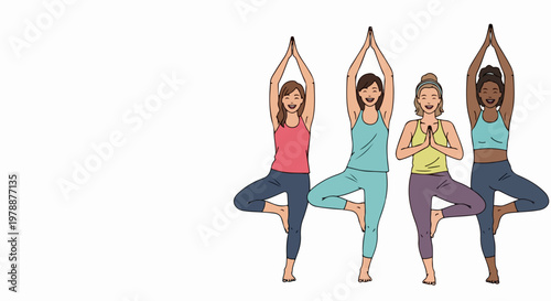 Diverse women practicing yoga tree pose in a stylized vector illustration, promoting wellness and healthy lifestyle. Group yoga session for fitness and balance,