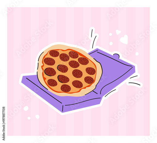Salami pizza card. Sticker of Italian cuisine cooking, a national dish. National Pizza Day. Vector illustration with doodle elements on striped pink background.