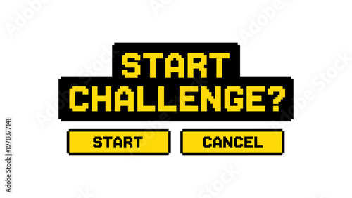 Retro pixel art start challenge button with cancel option