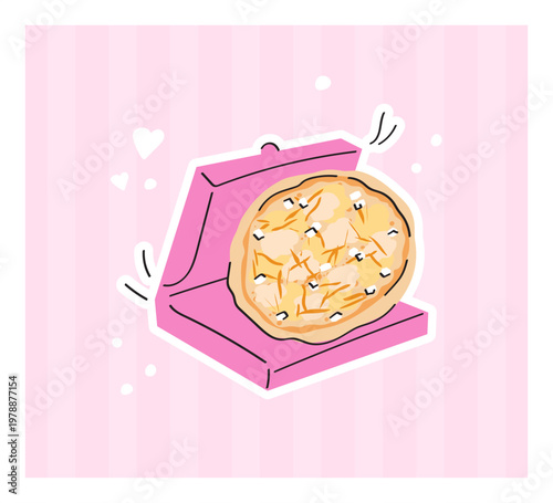 Cheesy pizza card. Sticker of Italian cuisine cooking, a national dish. National Pizza Day. Vector illustration with doodle elements on striped pink background.