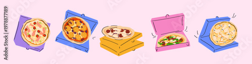 Italian fast food, slice of pizza in box, various toppings. Pizza with vegetables, basil, arugula, tomatoes, mushrooms, salami, chili, parmesan, olives, rosemary. Cute flat vector illustration.