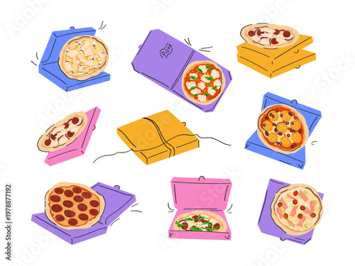 Pizza vector set. Colorful pizza box. Italian pizza with basil, arugula, tomatoes, mushrooms, salami and mozzarella. Cute illustration for restaurant and pizzeria delivery.