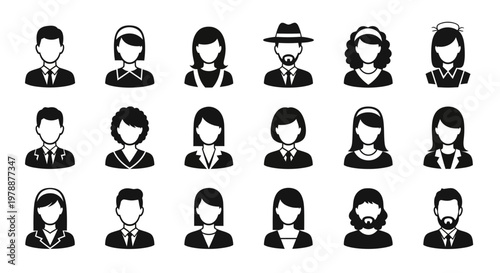 A collection of diverse stylized black silhouettes depicting various people with different hairstyles and attire