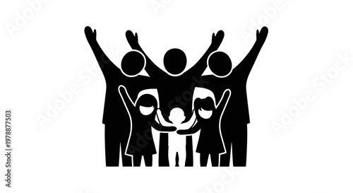 A black silhouette depicts a group of people with raised arms celebrating together in unity