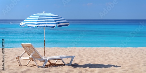 Enjoying a Bright Beach Day on a Sandy Shore With a Chair and Umbrella Near t...