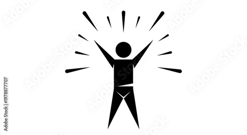 A simple black silhouette of a person with arms raised in a celebratory pose with radiating lines
