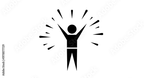 A simple black silhouette of a person with arms raised in celebration surrounded by radiating lines