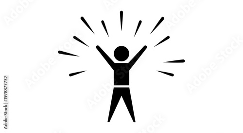 A simple black silhouette of a person with arms raised in celebration surrounded by radiating lines