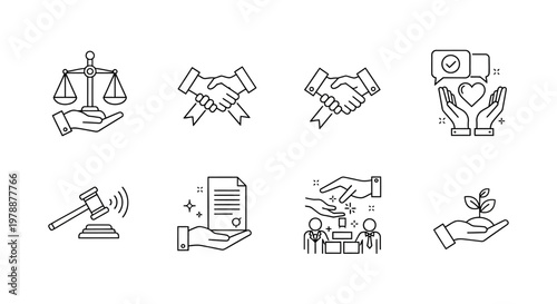 Line art icons depicting justice agreements support and legal procedures in a minimalist style