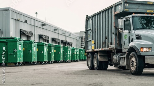Industrial dumpster truck and row of green commercial dumpsters at warehouse loading area for waste management design, poster, background