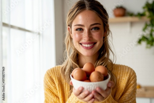 Woman Holding Bowl of Eggs in Kitchen During Daylight Hours
