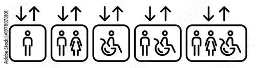Outline elevator icon set with passenger capacity and wheelchair symbol. Lift pictograms showing accessible occupancy, navigation and inclusive wayfinding. 