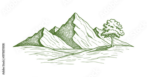 Green ink of a lone tree beside jagged mountain peaks and a body of water nature