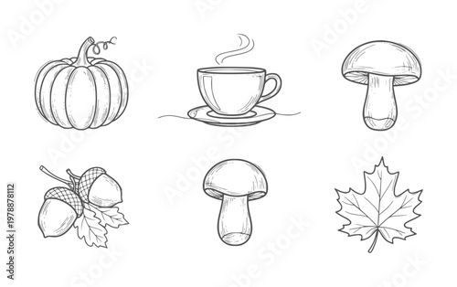 Hand drawn autumn pumpkin coffee cup mushrooms acorns maple leaf steam