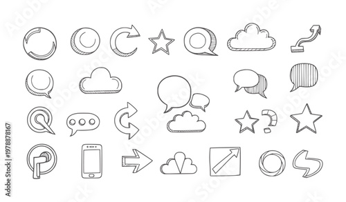 Hand drawn collection of communication and navigation arrow cloud star speech bubble