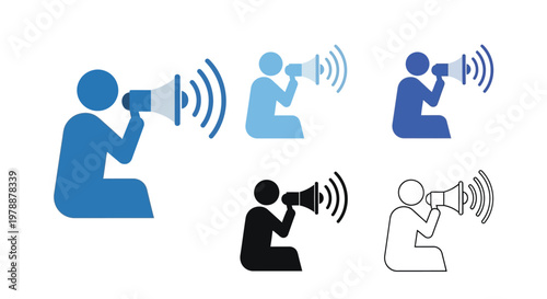 A series of blue and black illustrations depict figures speaking into a megaphone conveying communication