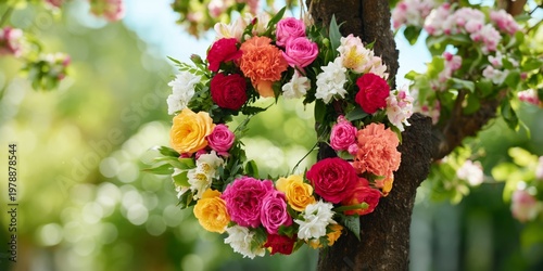 Bright Floral Wreath Hanging on a Tree in a Sunny Garden During Spring Time