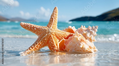 Starfish and Seashell on Sandy Beach at Clear Blue Ocean Under Bright Sky