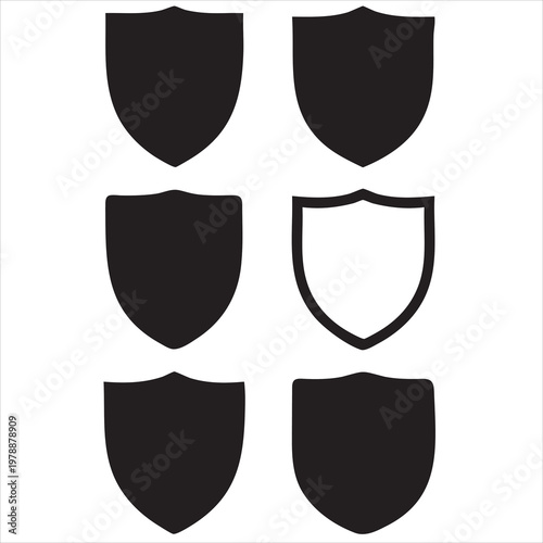 Black Shield Icons Set – Six Simple Heraldic Protection Vector Illustrations on White Background