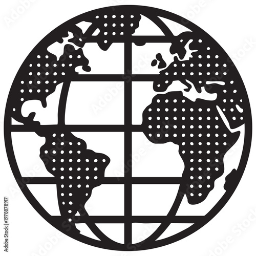 Black Dotted World Globe Icon with Latitude and Longitude Grid Lines, Minimalist Global Network Symbol