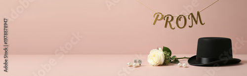 Minimal prom composition with black hat, corsage and boutonniere on pastel background, elegant graduation banner with copy space for invitation or celebration design