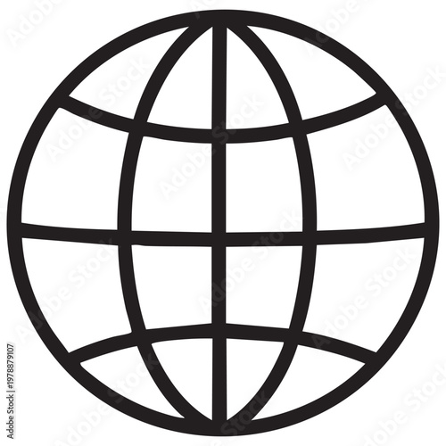 Black Globe Icon with Grid Lines – Simple World Map Vector Illustration on White Background